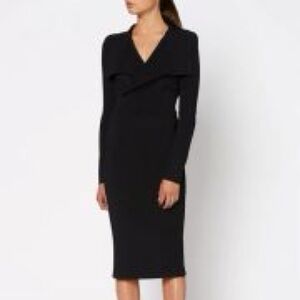 Scanlan Theodore Black Drape Collar Crepe Knit Dress V-Neck Long Sleeve